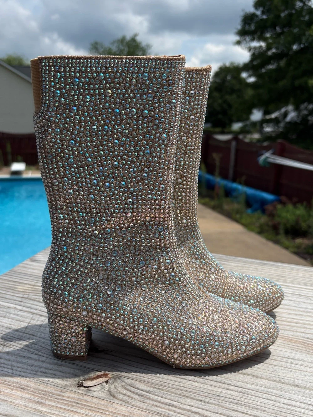 Rhinestone Tall, Round Toe, Chunky Low Heel Girls Boots Size 4